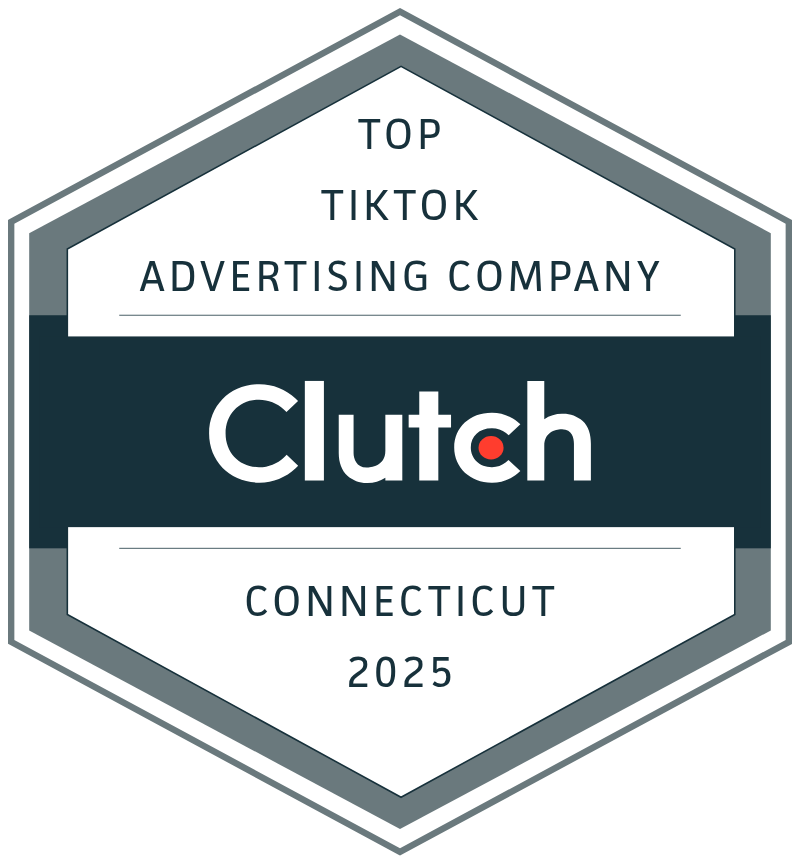 A badge or award emblem with a hexagonal shape, featuring the words 'Top TikTok Advertising Company' at the top, 'Clutch' in the center, and 'Connecticut 2025' at the bottom.