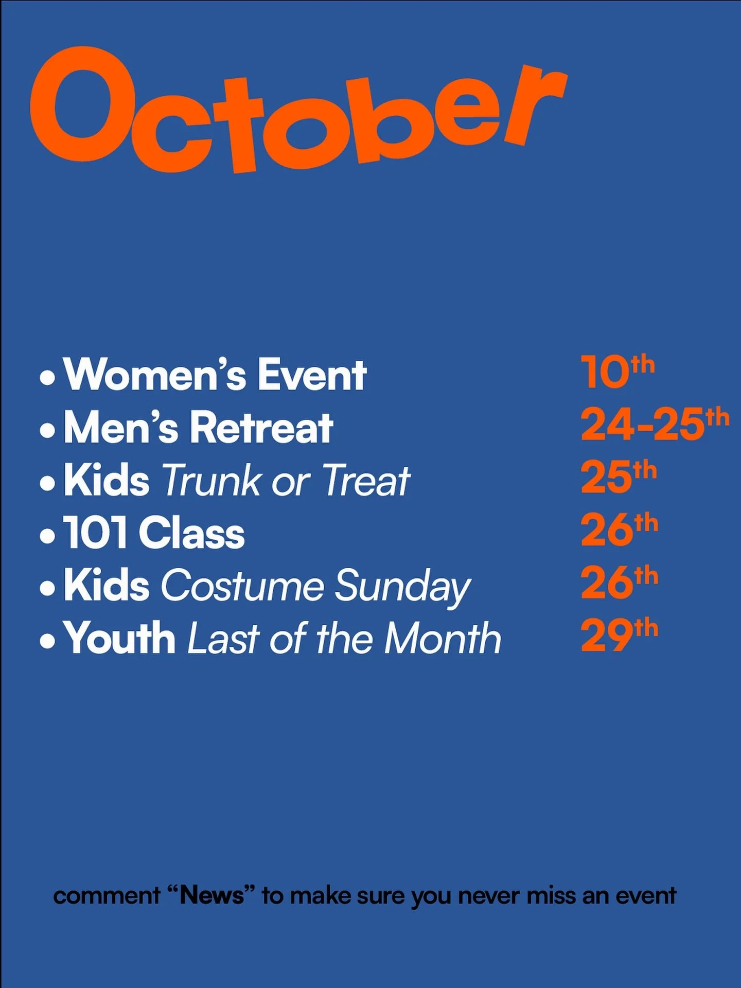 October at Southside is loaded with can&rsquo;t-miss events!

A Western Night for Women
@southside_kids Trunk or Treat 
@southside_youth Halloween Party

&hellip;and so much more.

Want the full list? Comment &ldquo;News&rdquo; and we&rsquo;ll send y