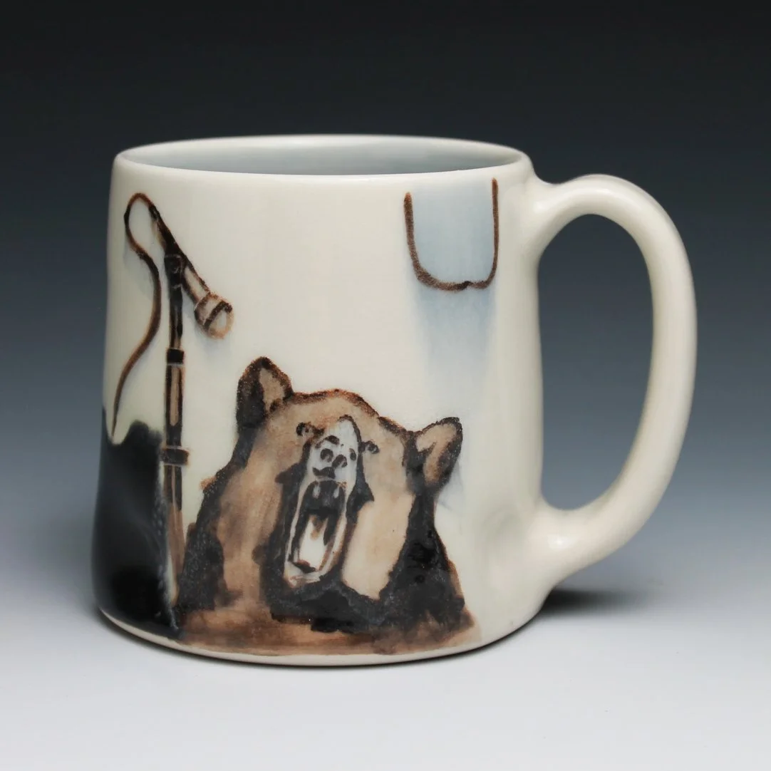 Karaoke Bear Mug with Deep Black and Celadon glaze (4"x5"x3.75")