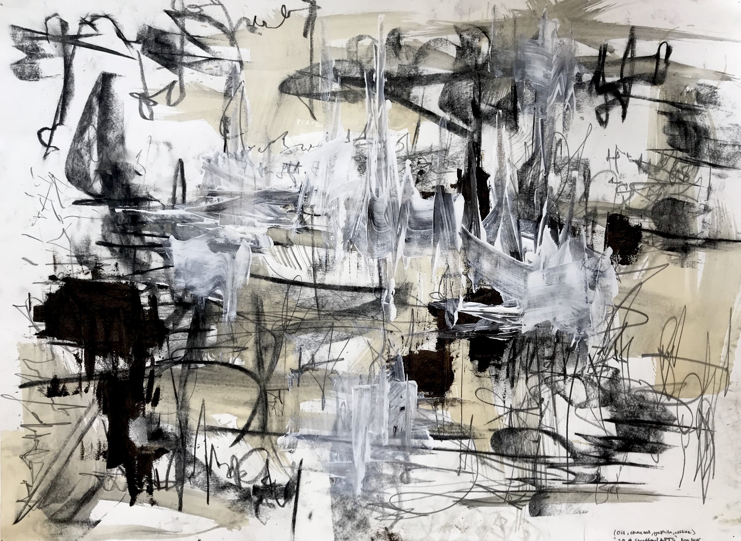 Variation on Sol Lewwit's prompt (2018) / coffee, gesso, graphite, charcoal, and oil bar