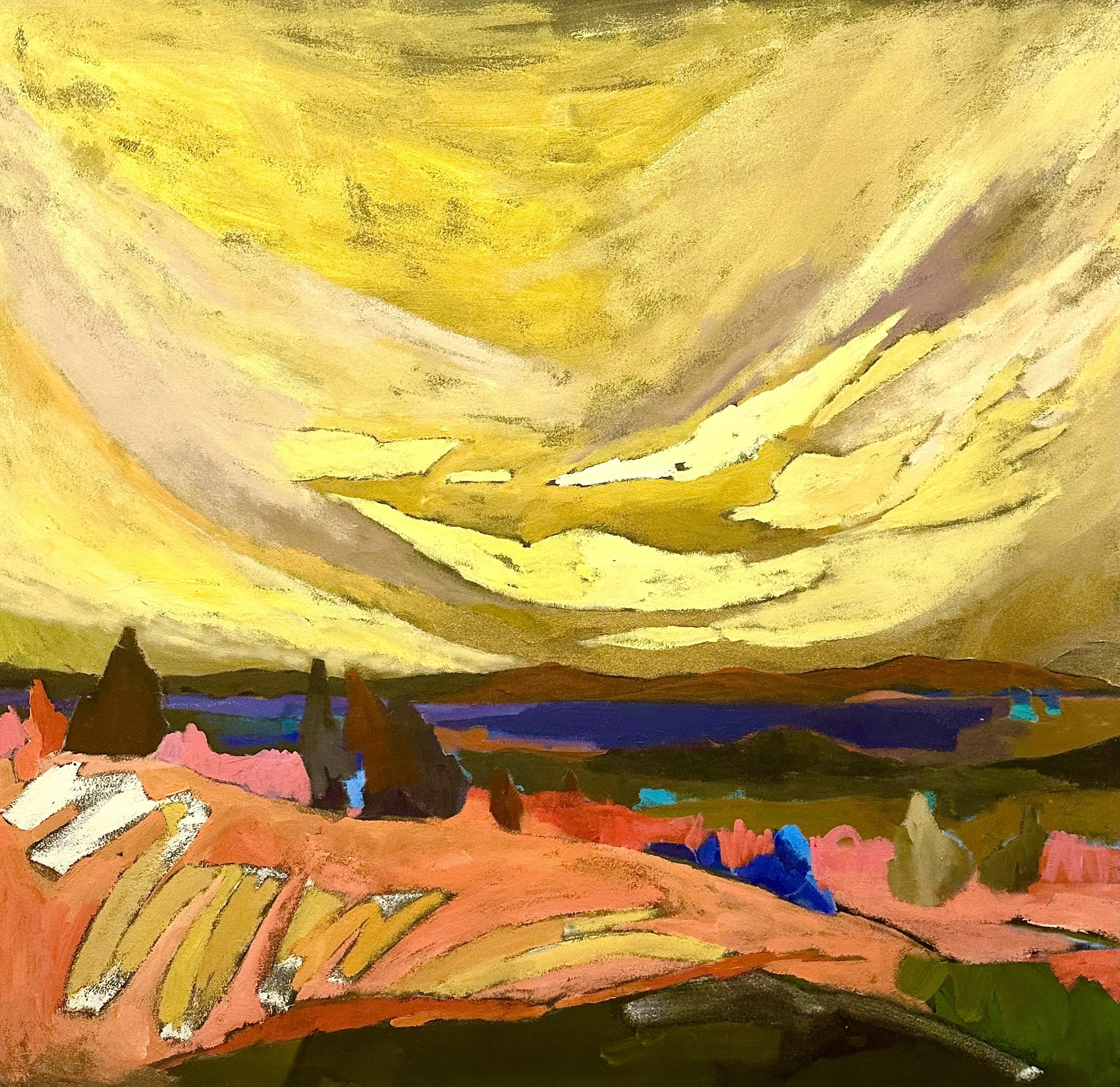 Big Sky country inn Montana is a real thing. The sweeping gorgeous pink sunsets go on forever. 
Available 40" x 40" 
Unconventional painting surface,  vintage pop-up travel projector screen