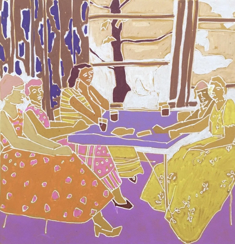 A lunch with the ladies. This piece was inspired by one of my favorite family photos from the 50's Each woman had on a beautiful floral dress for a lunch meet up in a midwest screen house. 
Private Collector • Portland, OR