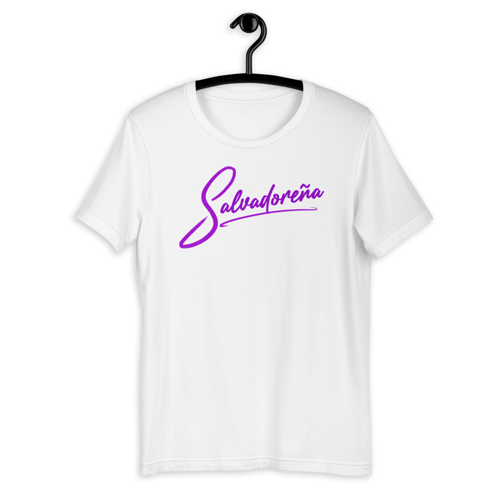 White shirt with purple Selena logo style font that reads "Salvadoreña"