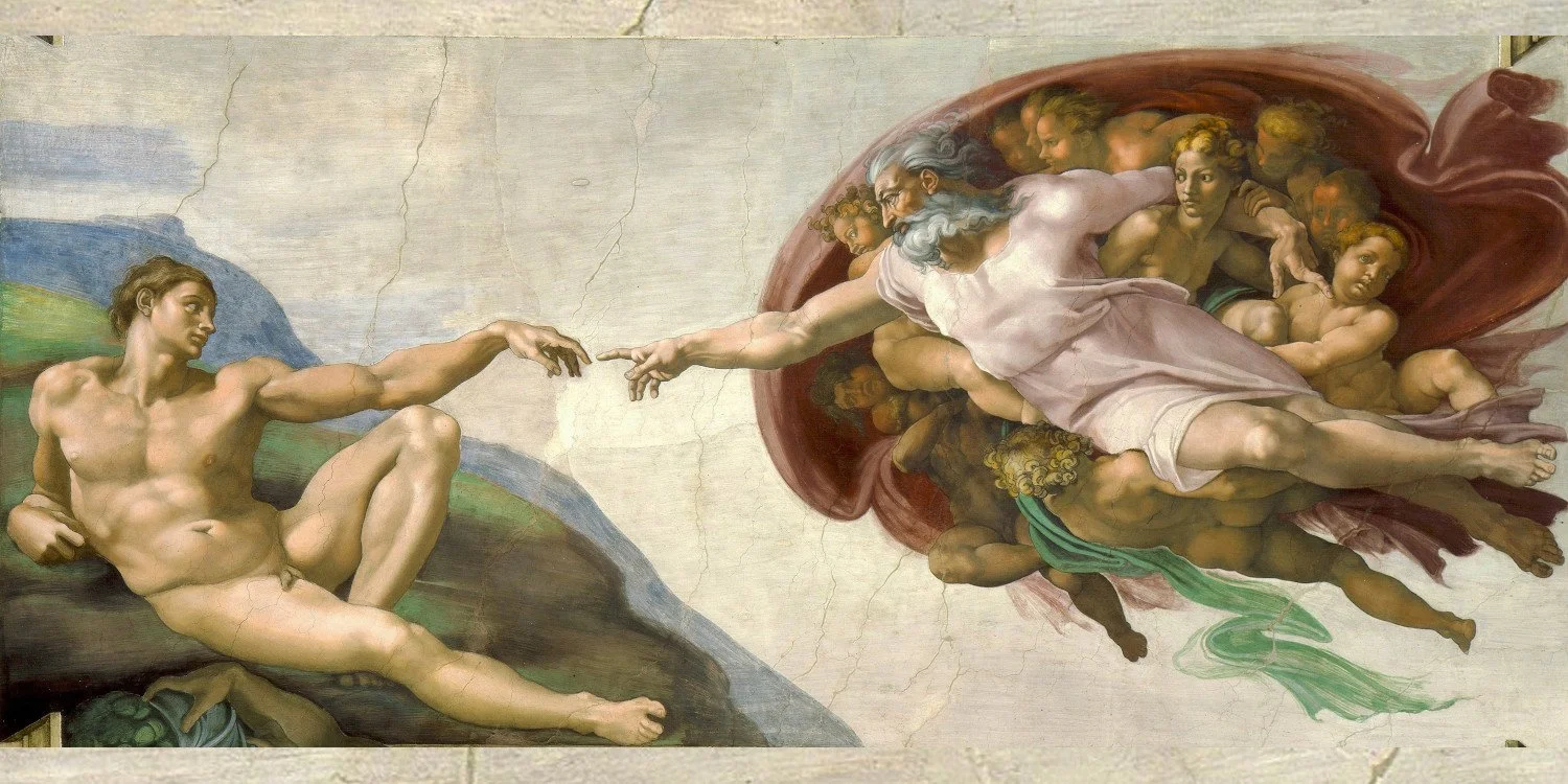 Michelangelo's "The Creation of Adam" (cropped). It depicts God imparting the spark of life to Adam. God, a powerful, white-bearded figure in a flowing cloak, extends his arm to Adam, who is lounging on Earth, inert but waiting to receive life.