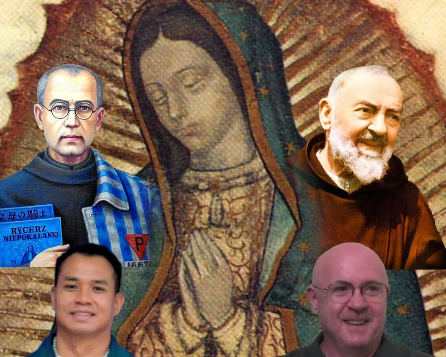Our Lady of Guadalupe is surrounded by Saint Maximilian Kolbe and Saint Padre Pio close to her head; and Pornchai Maximilian Moontri and Father Gordon MacRae close to her hands.