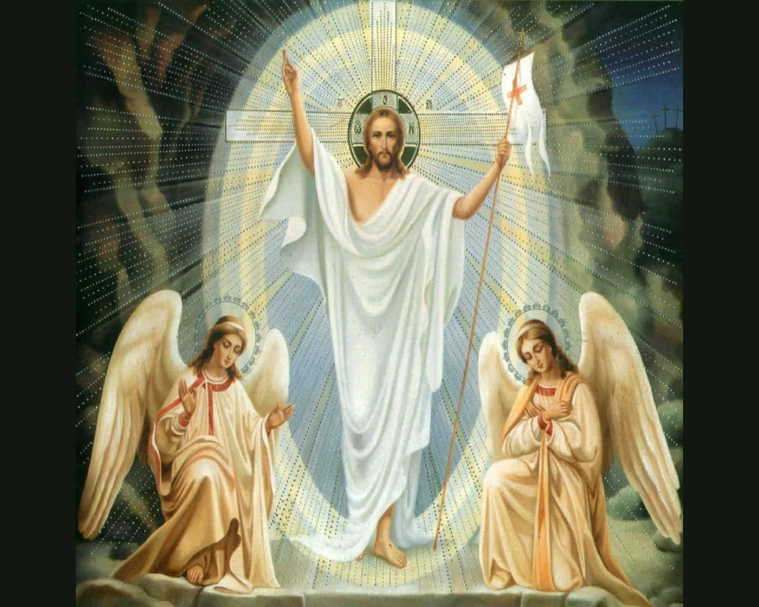 The Resurrected Jesus with the Cross behind him is flooded in light.  He is the Light of the world.  Two angels genuflect at his side.