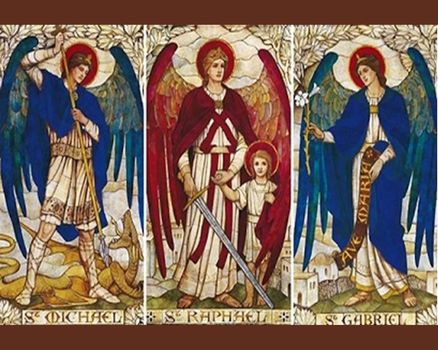 Archangels Michael, Raphael, and Gabriel in Anglican tradition, 1888 mosaics by James Powell and Sons, St John's Church, Warminster, Wiltshire, England