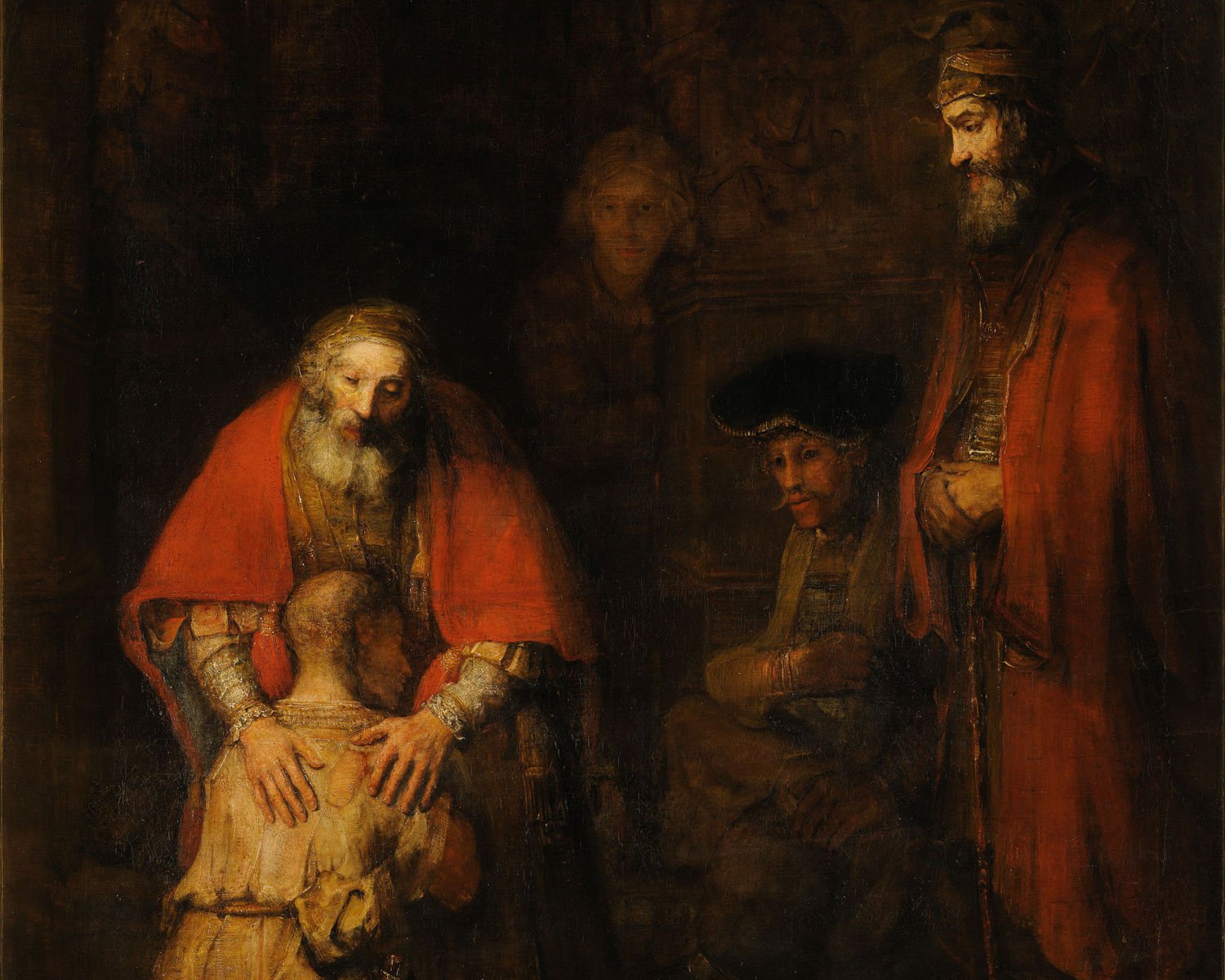 The Return of the Prodigal Son by Rembrandt:  The Father lovingly embraces his repentant son while the older brother looks on unapprovingly.
