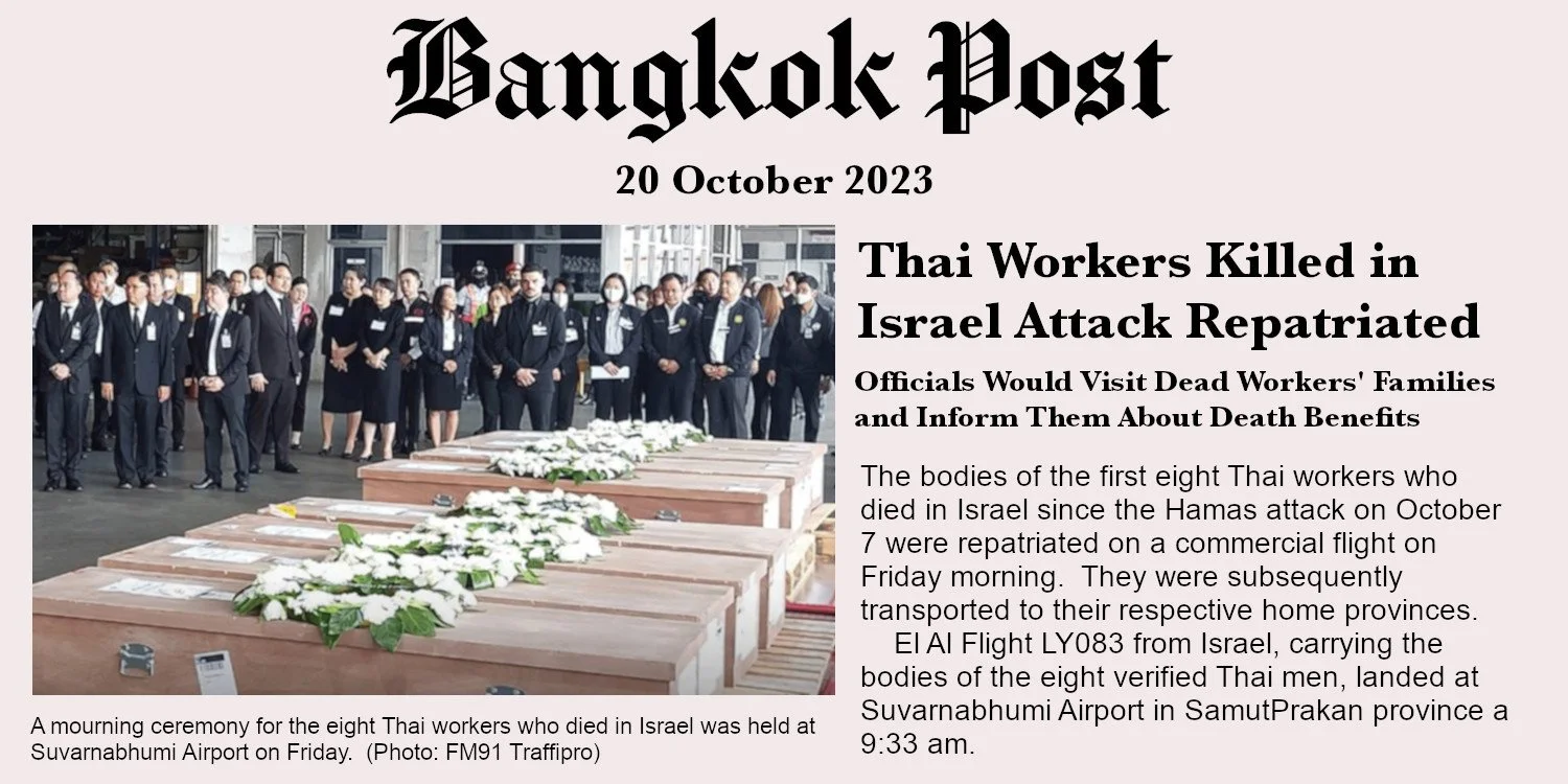 Front-page image and headline of the Bangkok Post for 20 October 2023, about the return of Thai workers killed during the Hamas attack on Israel on October 7, 2023