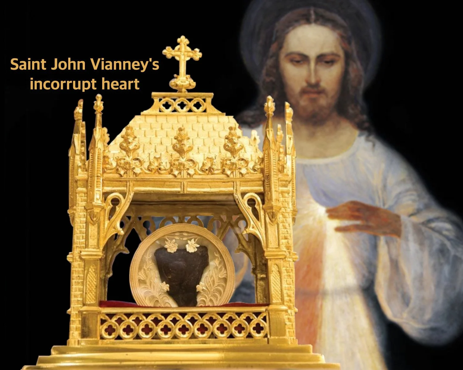 The Divine Mercy image behind a reliquary with the incorrupt heart of Saint John Vianney