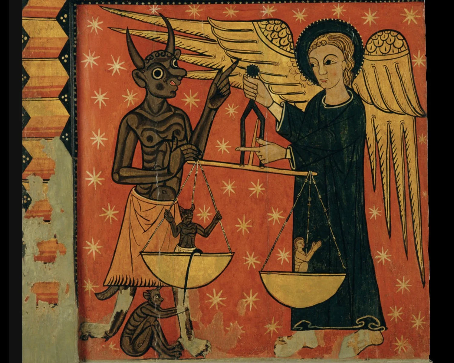 Saint Michael is weighing two souls.  The soul closest to him is holding his hands together in prayer. In front of St Michael stands the devil tipping the scale to the side of the pan holding a demon, which is also being pulled down by another demon.