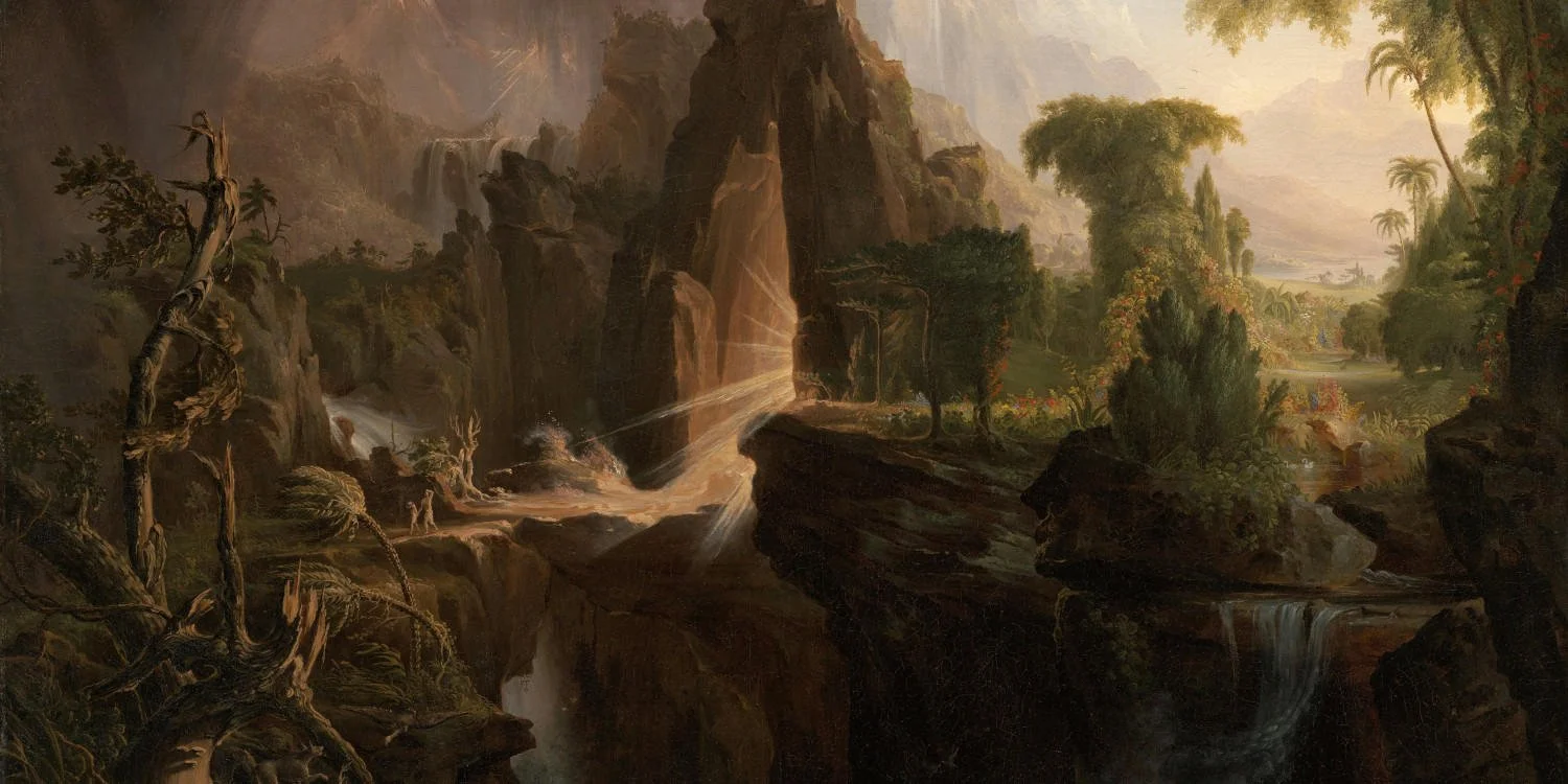 Thomas Cole's Expulsion from the Garden of Eden is a dramatic Romantic landscape painting that highlights the emotional and harsh contrast between a luminous, tropical Paradise and a dark, violent, and desolate exterior world. Adam and Eve leave Eden