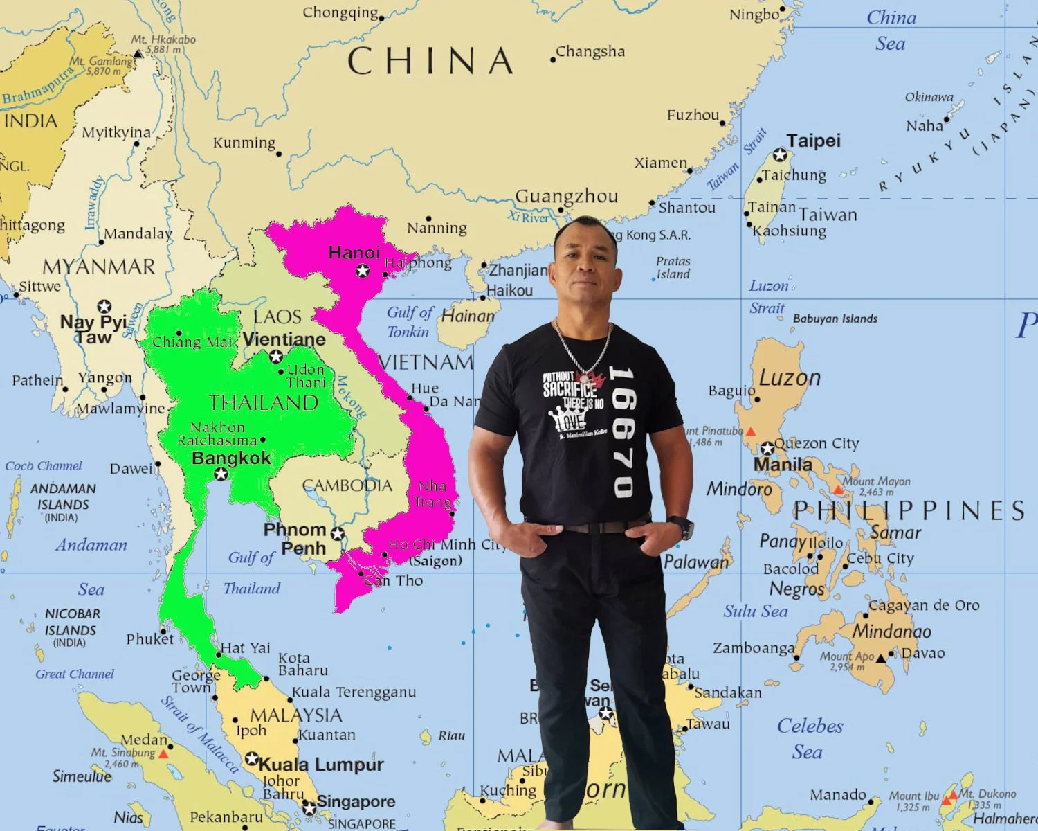 Pornchai Moontri over the map of Southeast Asia