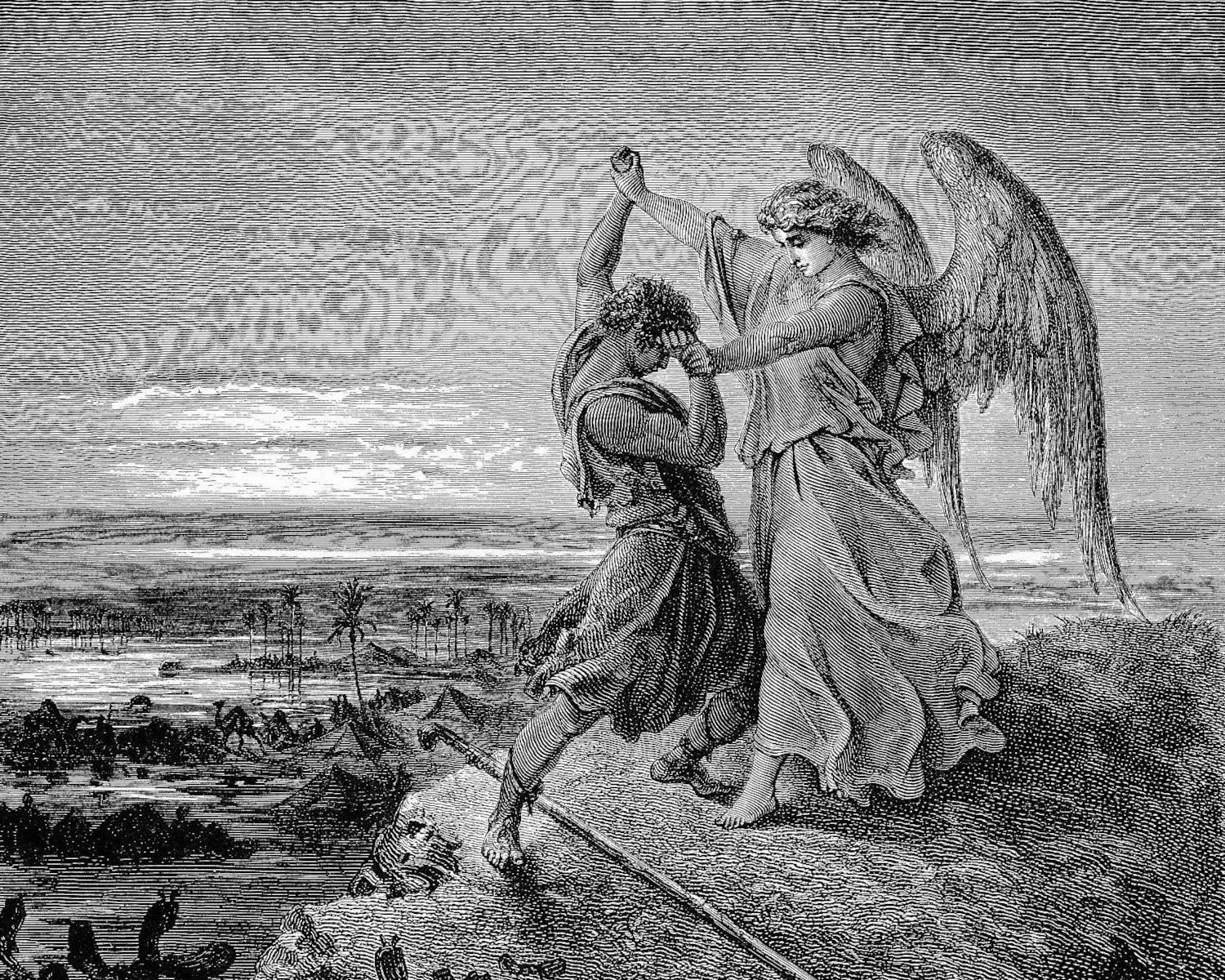 1866 etching by Gustave Doré, which depicts Jacob contending with the Angel, but the Angel is unmovable.