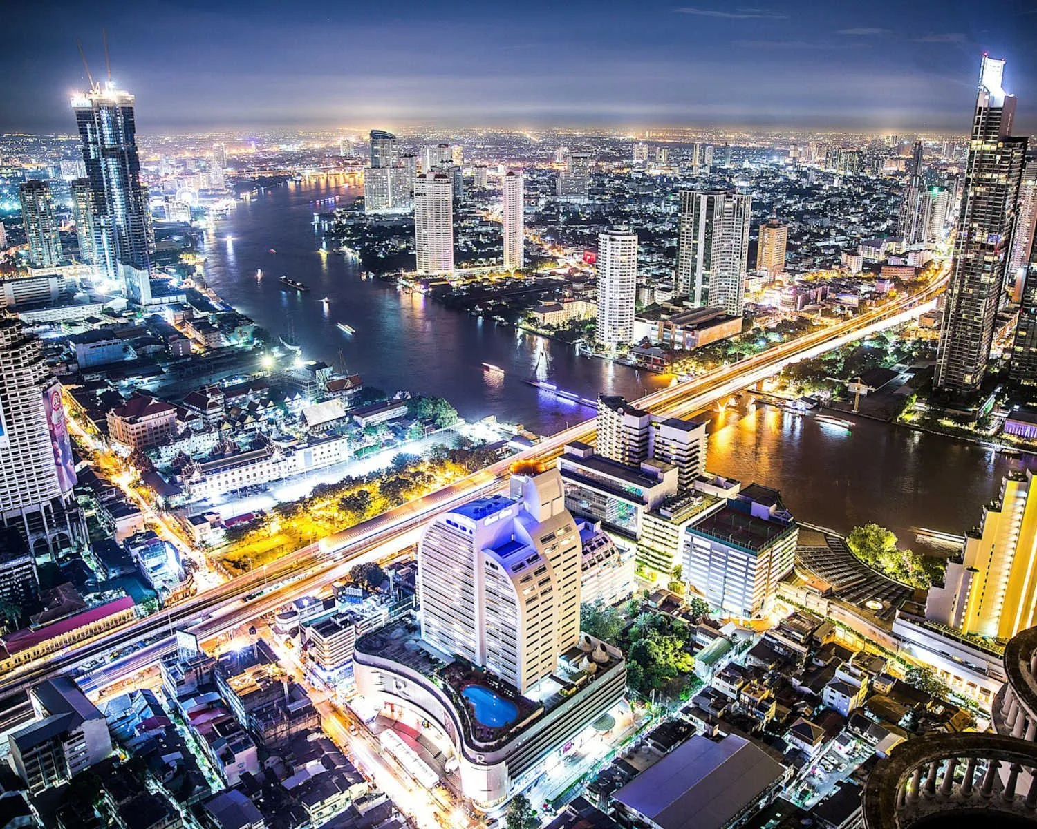 Aerial view of the City of Bangkok, Thailand at night