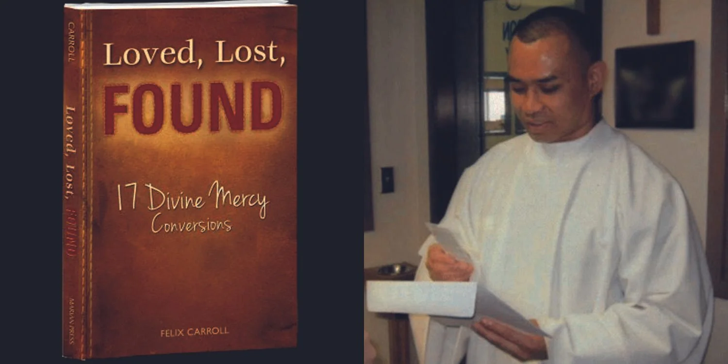 The cover of the book Loved, Losf, Found, and Pornchai Moontri wearing an alb on the day of his Baptism.