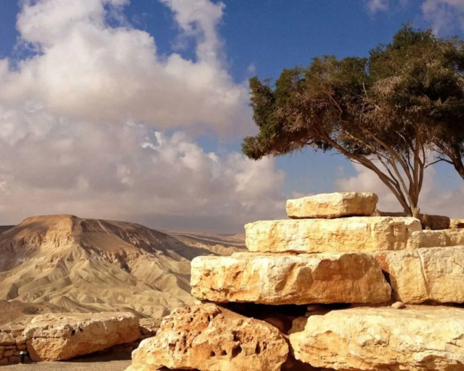 Desert landscape under a vibrant blue sky with scattered white clouds. Weathered yellowish-tan stone blocks evoke a sense of history. A solitary tree with green foliage. Rolling hills stretch into the distance.