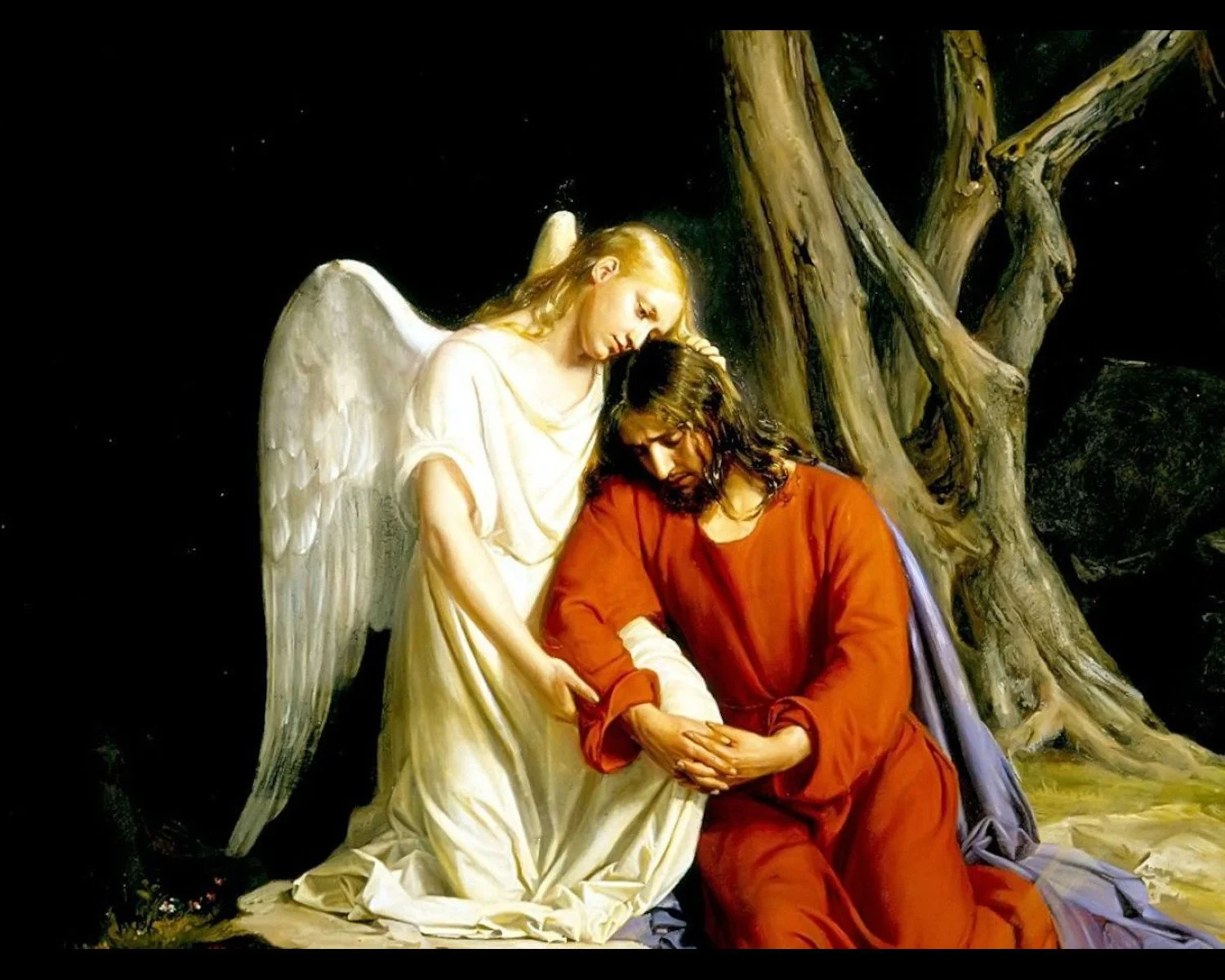 Carl Bloch’s “Gethsemane” shows Jesus in a red robe kneeling under a tree at night, head bowed in anguish as a white-robed angel gently cradles His head and holds His clasped hands, offering divine consolation.