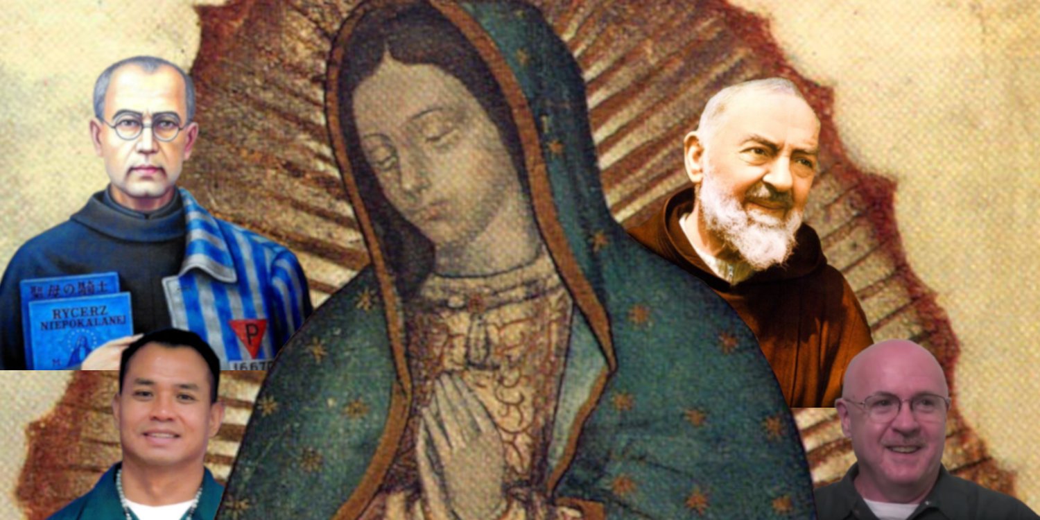 Our Lady of Guadalupe is surrounded by Saint Maximilian Kolbe and Saint Padre Pio close to her head; and Pornchai Maximilian Moontri and Father Gordon MacRae close to her hands.