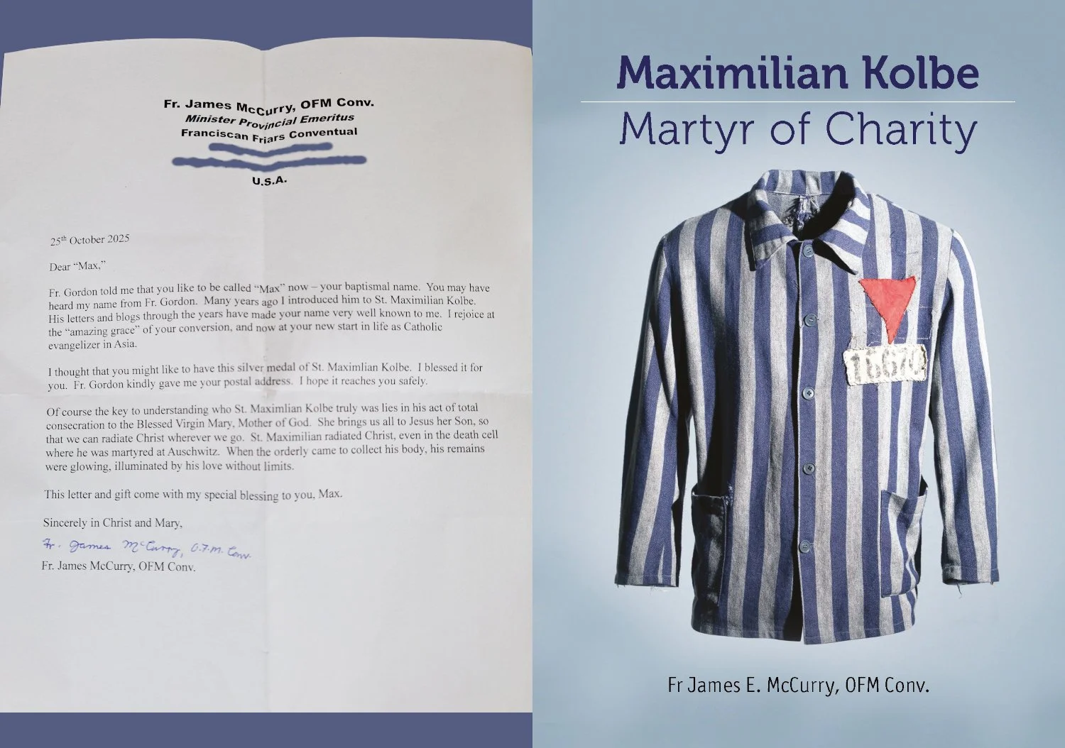 Letter from Fr. James E. McCurry, OFM Conv. to Pornchai Moontri on the left, and the book cover of Maximilian Kolbe: Martyr of Charity by Fr. McCurry on the right.