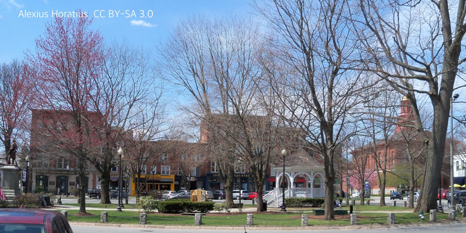 Main Street in Keene, New Hampshire, anchored by a central white gazebo