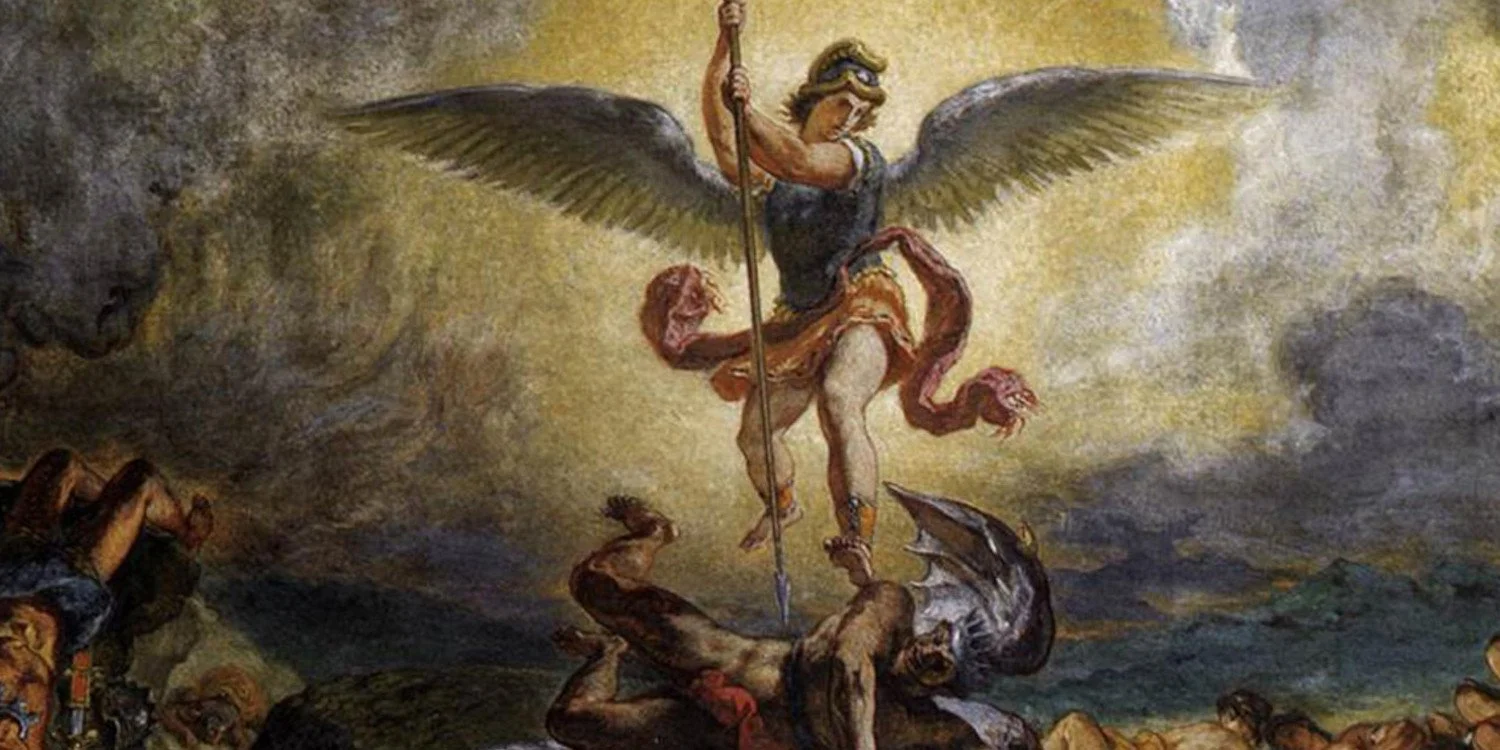 Detail of Eugene Delacroix's painting, Saint Michael Defeats the Devil, which shows Saint Michael casting Satan out of heaven