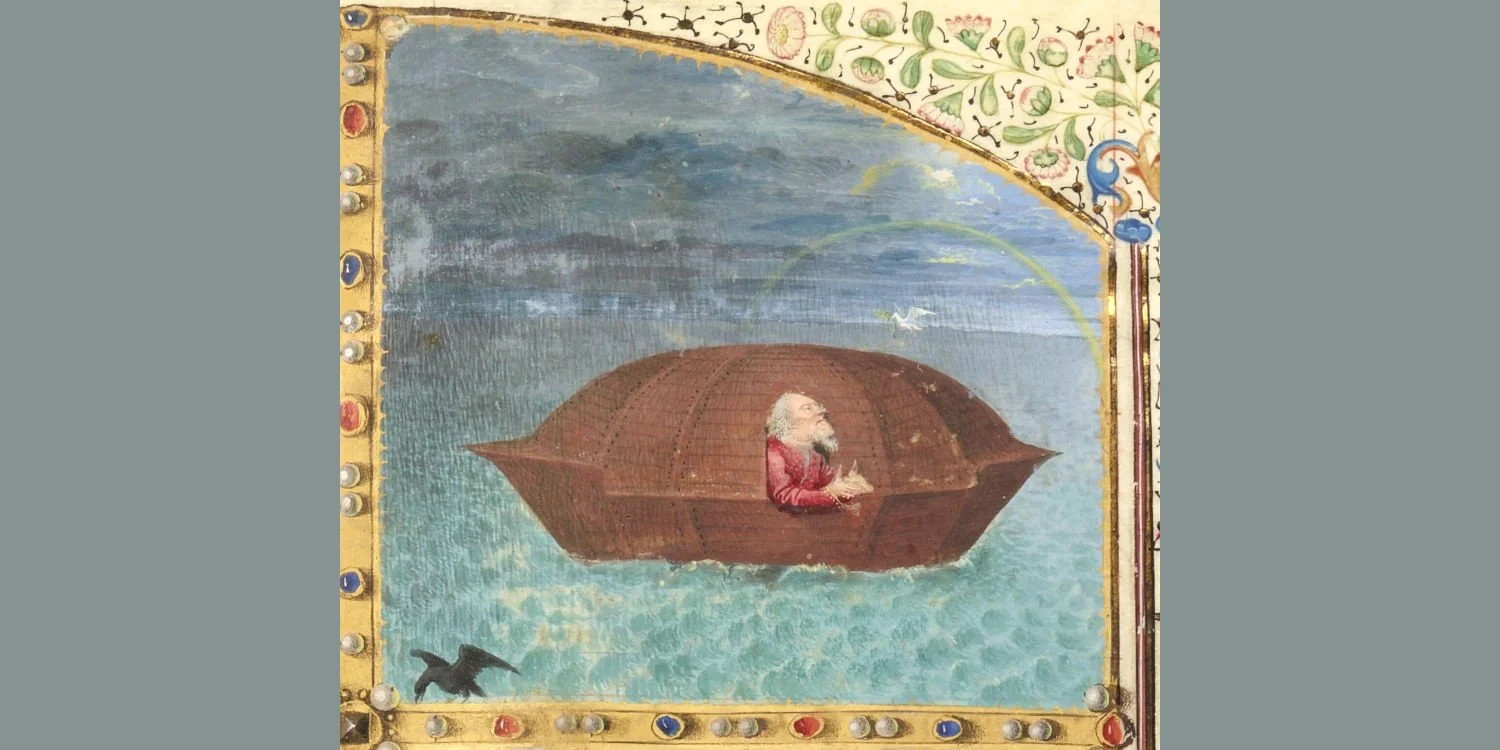 Noah in the ark sees the rainbow and the dove returning with an olive leaf in its bill.