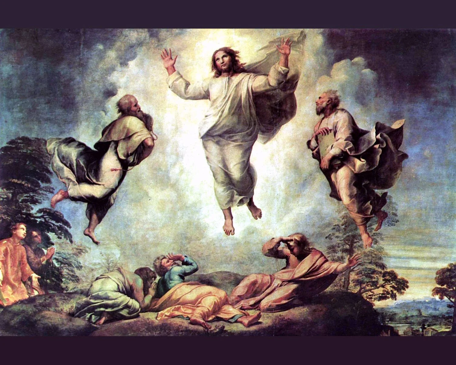 "The Transfiguration" by Raphael, which portrays Christ elevated in divine glory, his face radiating like the sun and his robes gleaming with ethereal whiteness, enveloped in a burst of luminous clouds and heavenly light, a symbol of his divinity.