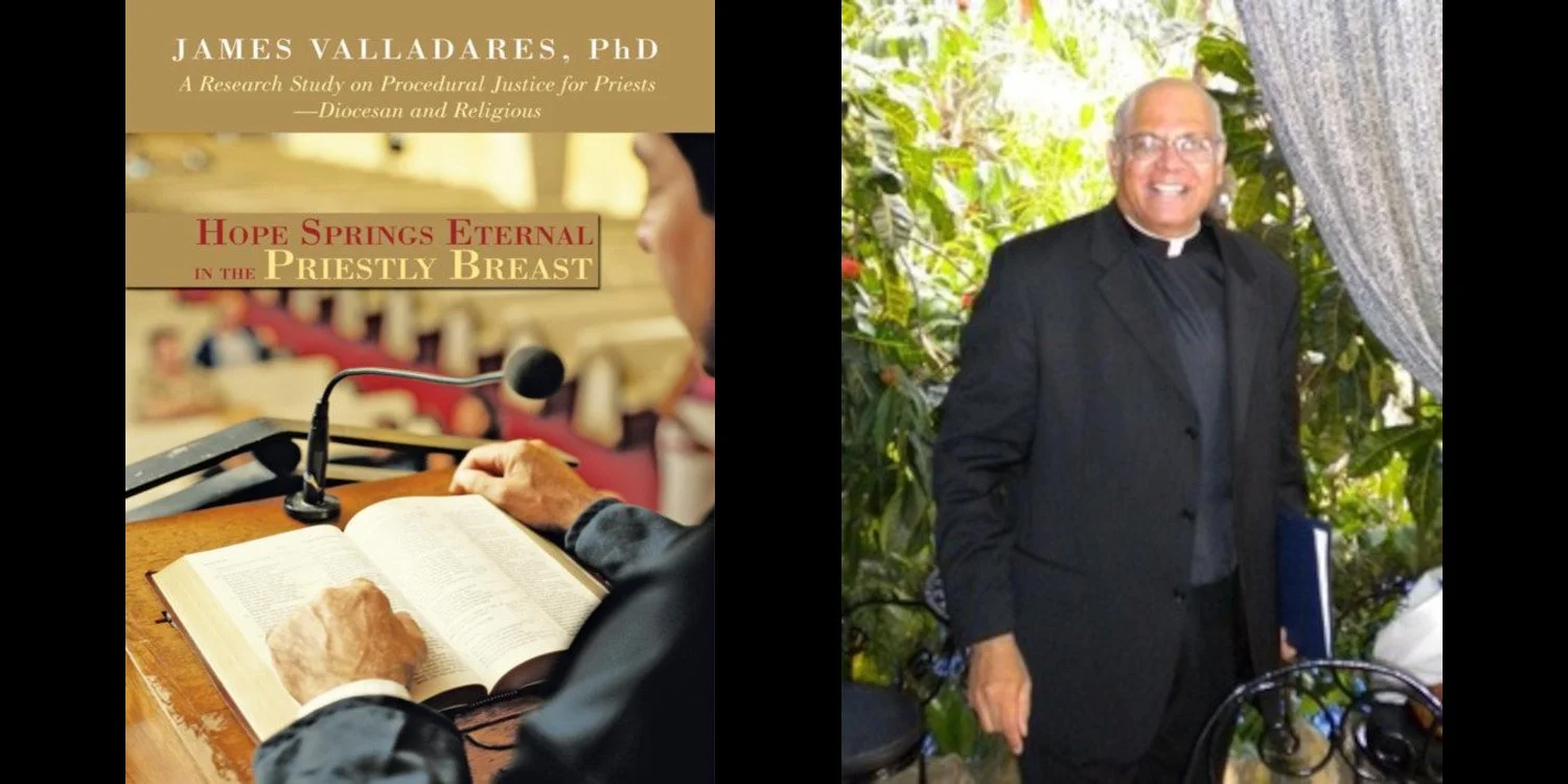 Book cover of Hope Springs Eternal in the Priestly Breast by Father James Valladares, PhD, on the left; Father Valladares shown standing on the right.