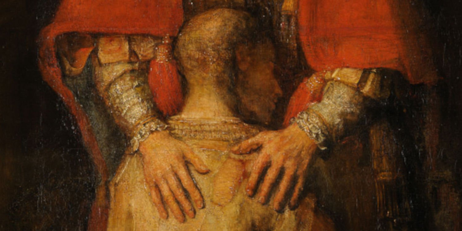 Cropped from Rembrandt's The Return of the Prodigal Son the image shows the prodigal son, eyes closed, clothes tattered, resting in his father's embrace.