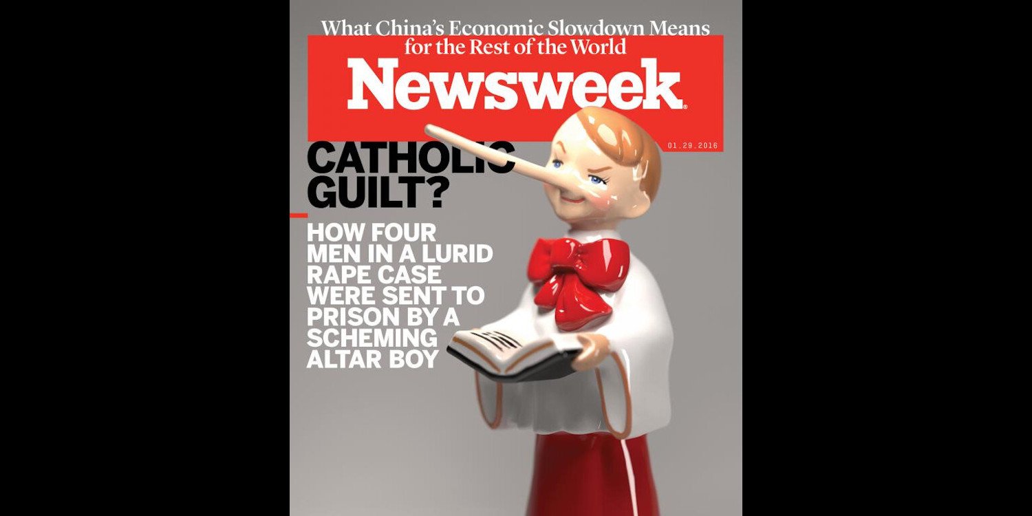 Cover of Newsweek with Pinocchio-like lying, scheming altar boy who sent four men to prison