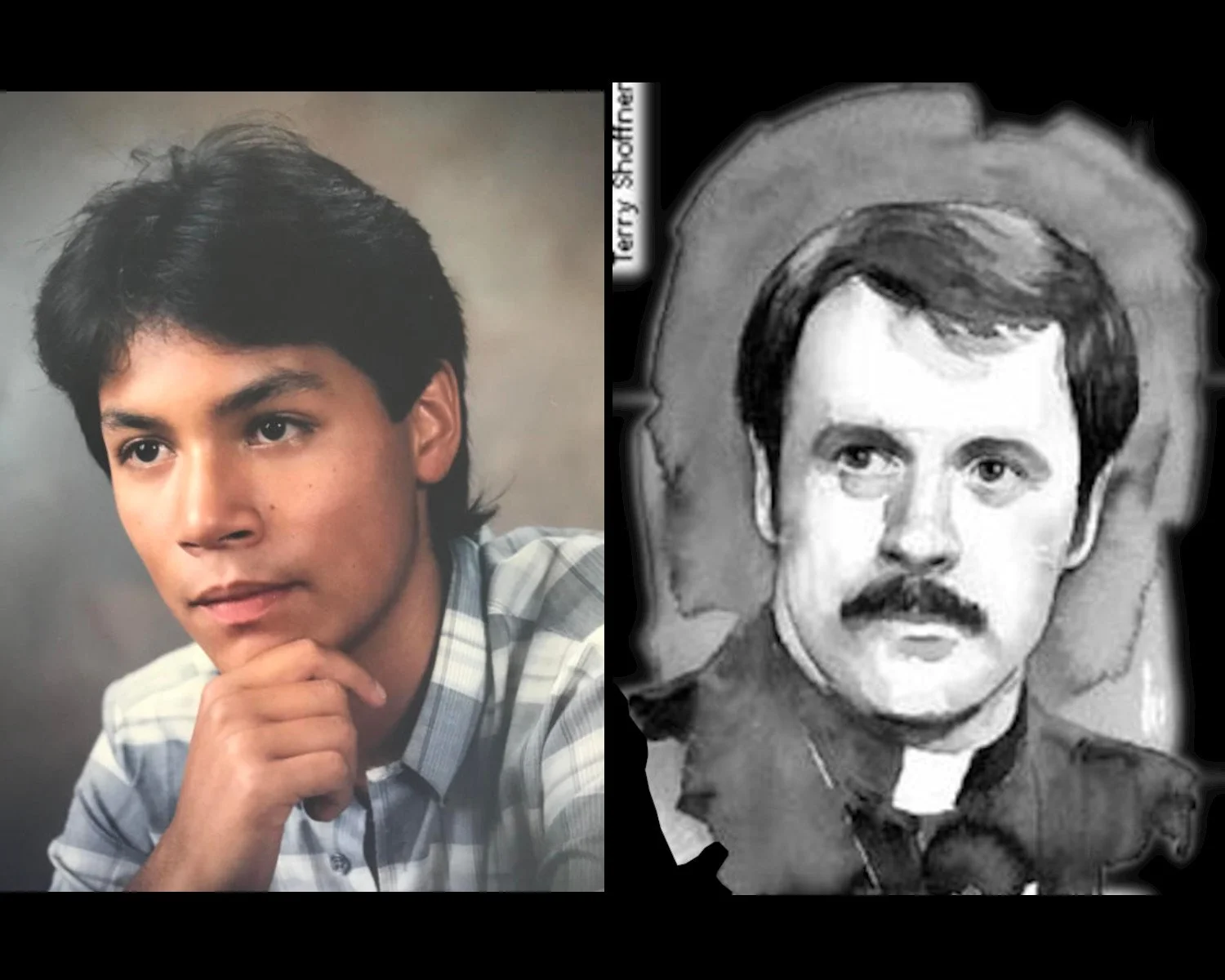 A composition featuring the high school graduation photograph of Jonathan Grover at age 18.  To the right is an artist’s rendering of a photo of Father Gordon MacRae circa 1983.