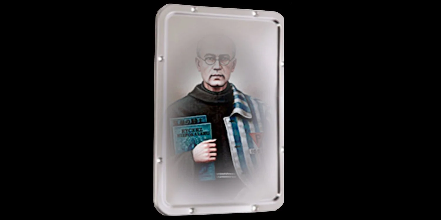 The image of Saint Maximilian Kolbe reflected on a metal mirror.  On one side he is wearing his Franciscan habit and holding two books.  On the other he is wearing a prisoner's jacket.