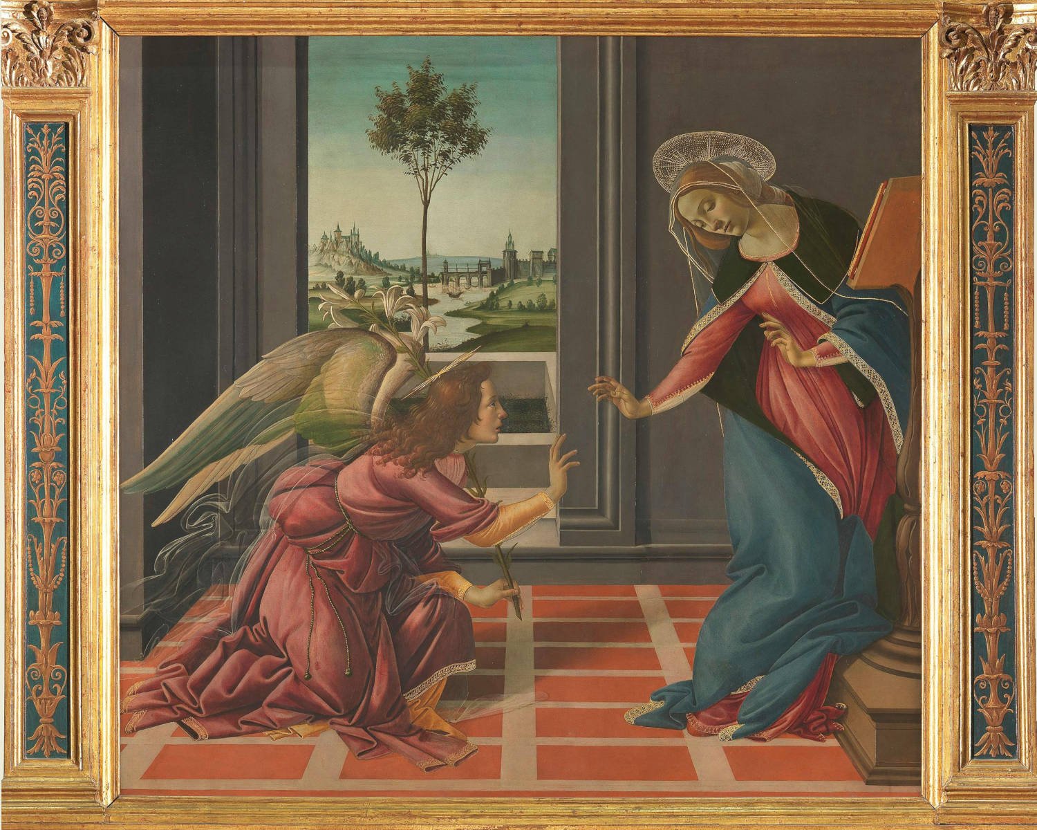 Sandro Botticelli’s The Annunciation (the 1489–1490 Cestello Annunciation in the Uffizi Gallery) depicts the Archangel Gabriel informing the Virgin Mary of her pregnancy, characterized by a dynamic, flowing Gabriel and a subdued, graceful Mary.