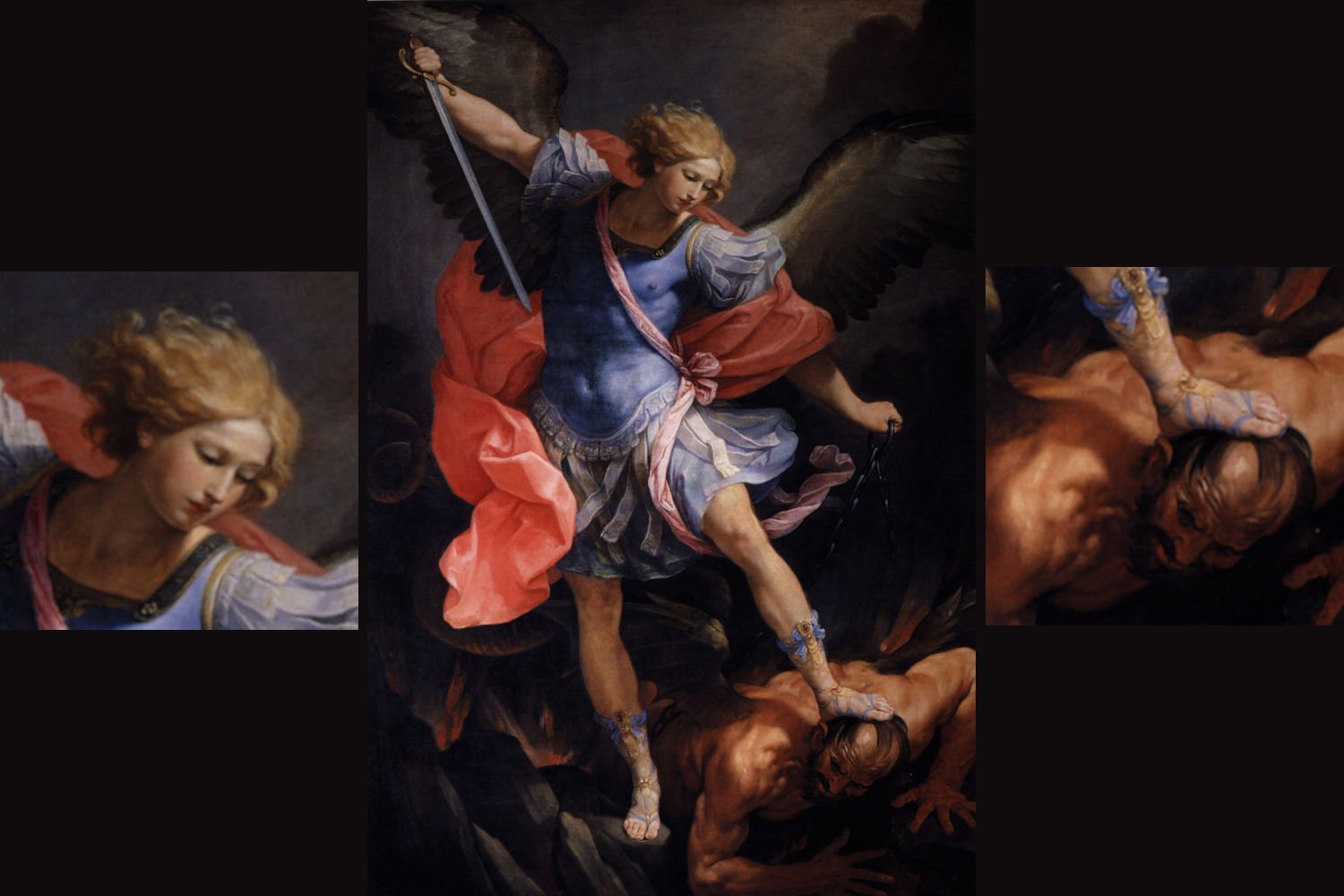 The Archangel Michael Defeating Satan by Guido Reni, 1635.  A triptych: the painting, center; Archangel Michael's head detail, left; Satan' head under Michael's foot detail, right.