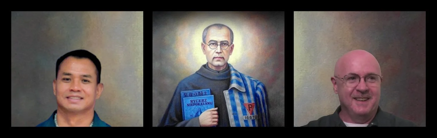 Triptych with Pornchai Maximilian Moontri on the left, Saint Maximilian Kolbe in the center, and Father Gordon MacRae on the right.