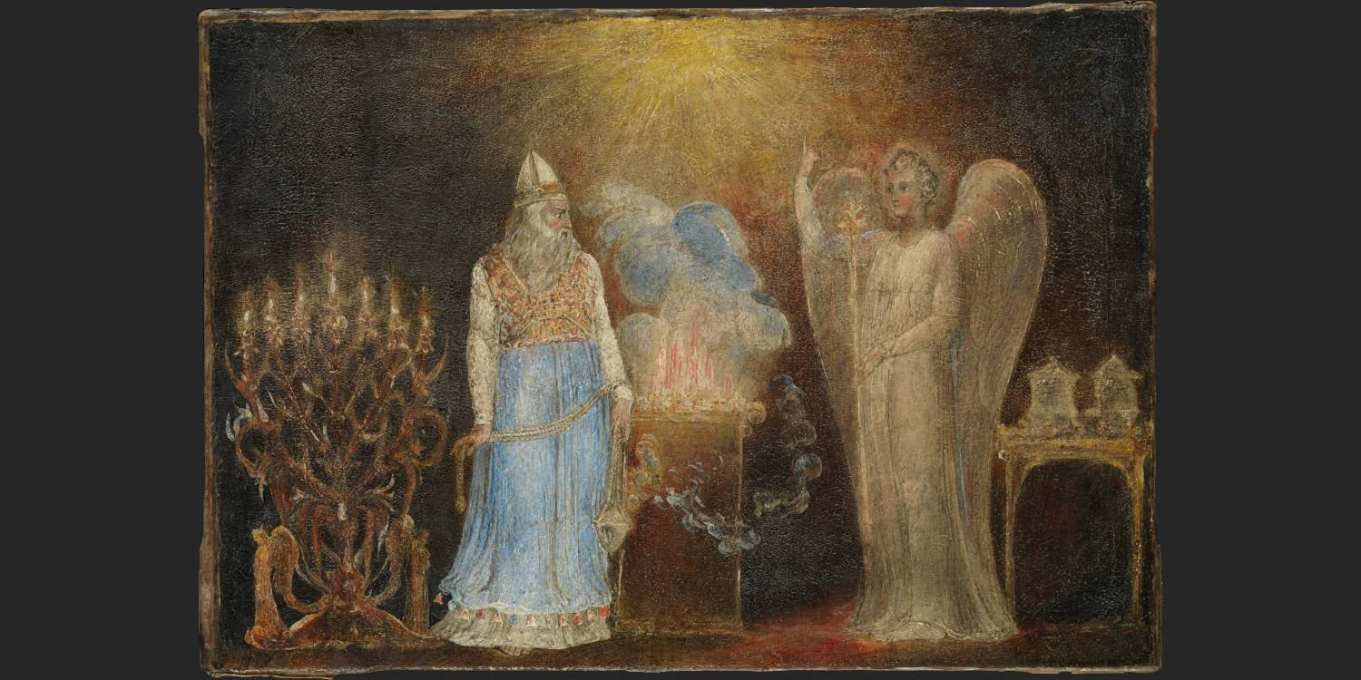 William Blake’s The Angel Appearing to Zacharias (c. 1799–1800).  A dramatic tempera and watercolor painting depicting the angel Gabriel announcing the birth of John the Baptist to the priest Zacharias in the Temple.