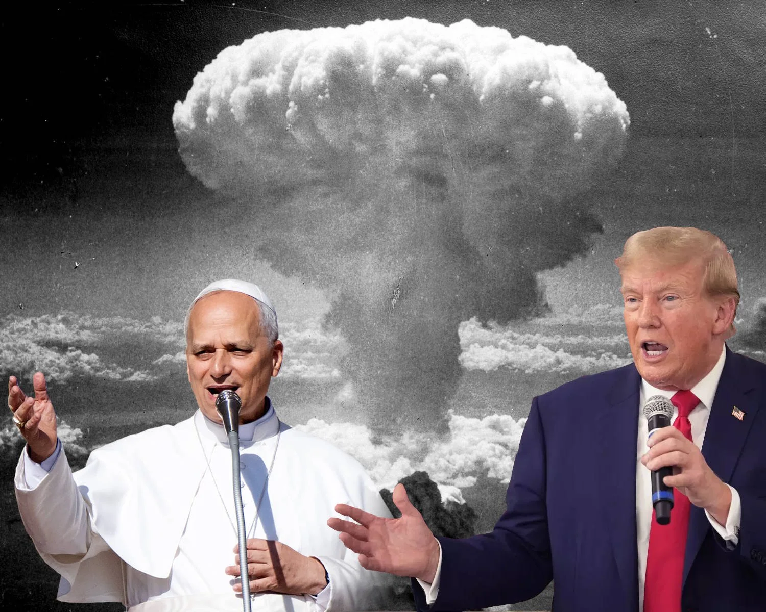 With an image of the nuclear explosion at Nagasaki as background, Pope Leo XIV and President Donald Trump appear on the foreground.