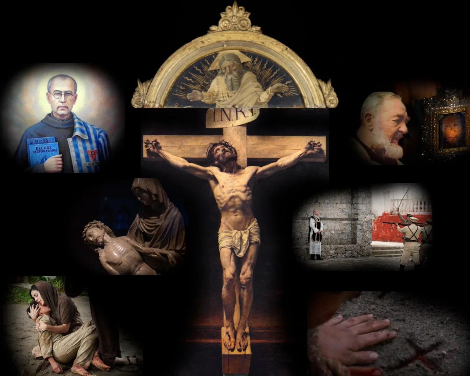 A composition with the Crucified Christ looking up to the Father, and the Father looking back at his Son.  Maximilian Kolbe and Padre Pio, a Pietá, and scenes from the film "For Greater Glory" complete the image.