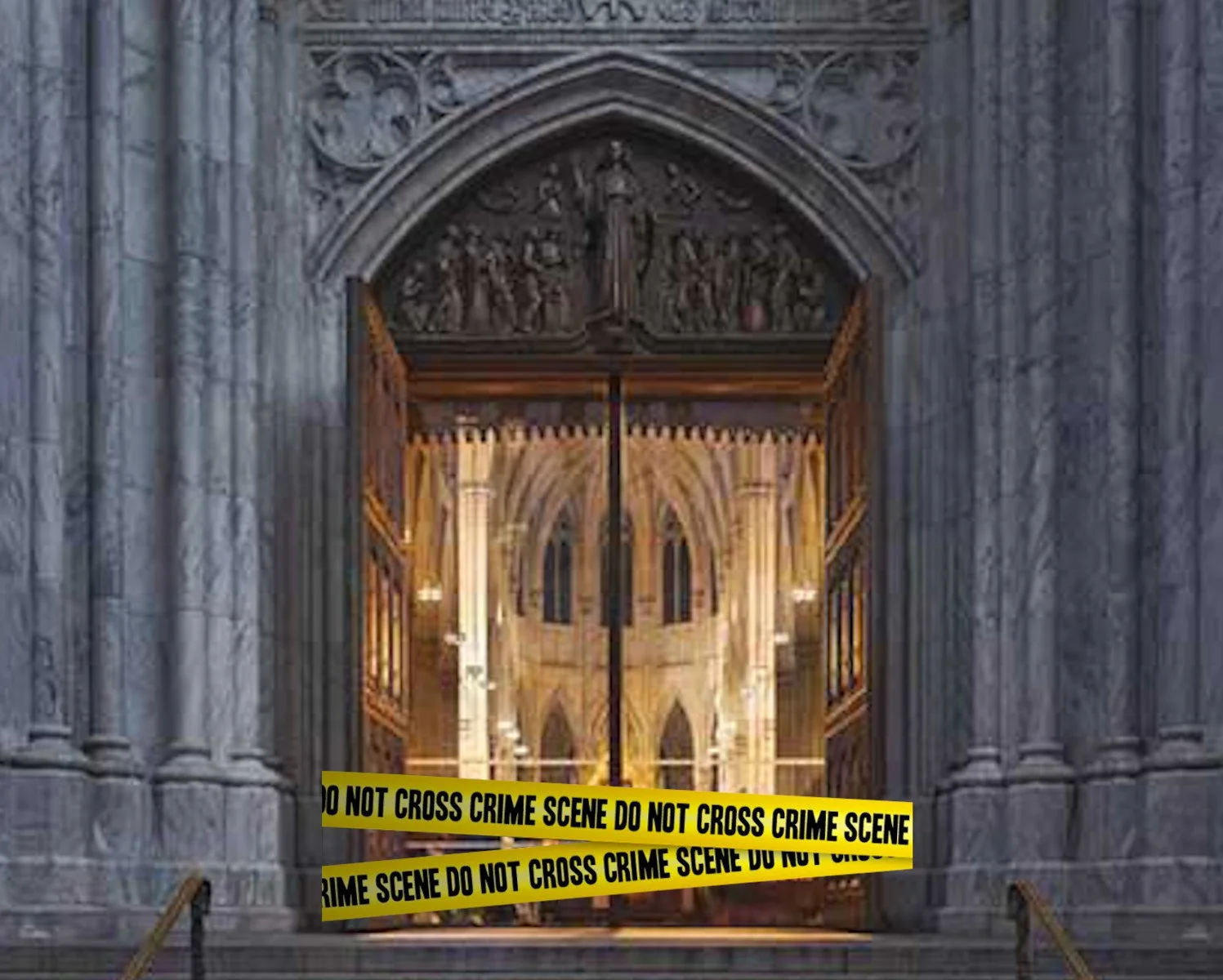 A church with open doors but with a yellow crime-scene tape barring entrance