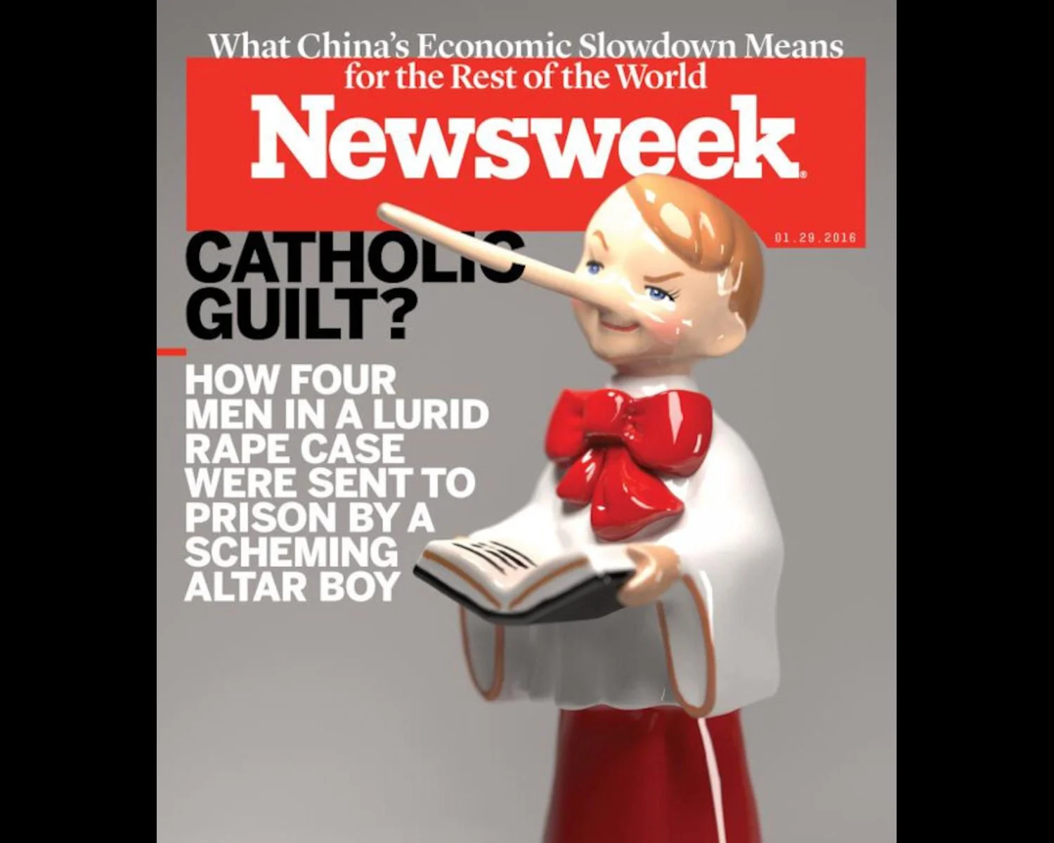 Cover of Newsweek with Pinocchio-like lying, scheming altar boy who sent four innocent men to prison