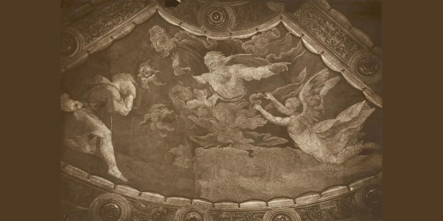 Moses before the Burning Bush by Raphael.  God and angels are in the bush and Moses covers his face.