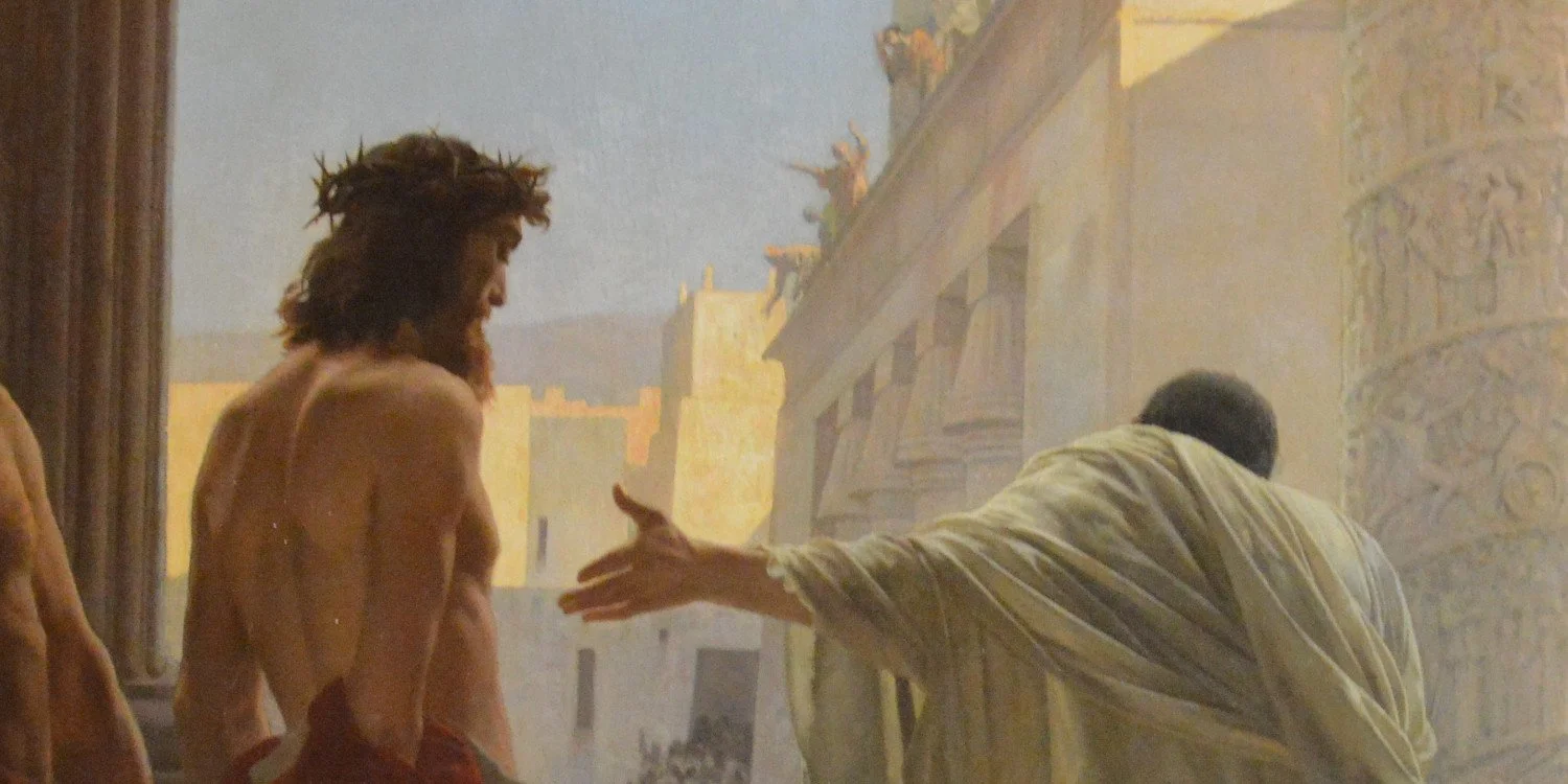 A cropped image of Antonio Ciseri’s "Ecce Homo" (1871), which depicts Pontius Pilate presenting a scourged Jesus to the crowd.  It places viewers behind Christ on a balcony looking out at a sprawling, tumultuous mob.