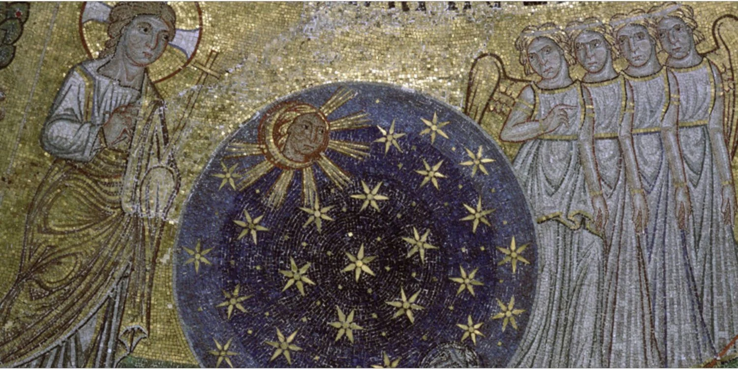 A detail from the mosaic of the Dome of the Creation in St Mark's Basilica in Venice.  It depicts the fourth day: with the Word of God, four angels, the sun, the moon and the stars.