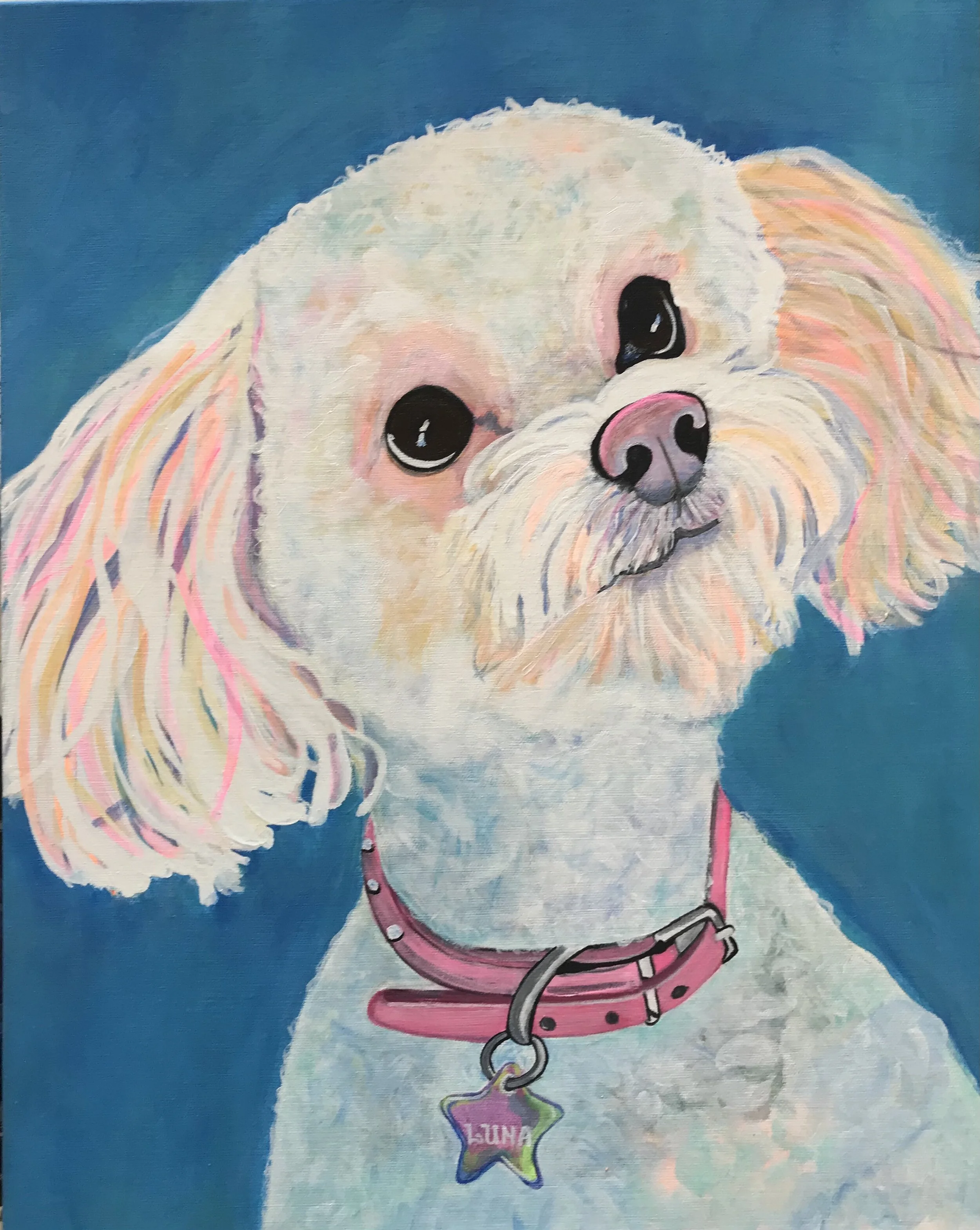 Painting of a cute white dog with long ears, wearing a pink collar with a star-shaped tag that says 'LUNA', against a blue background.