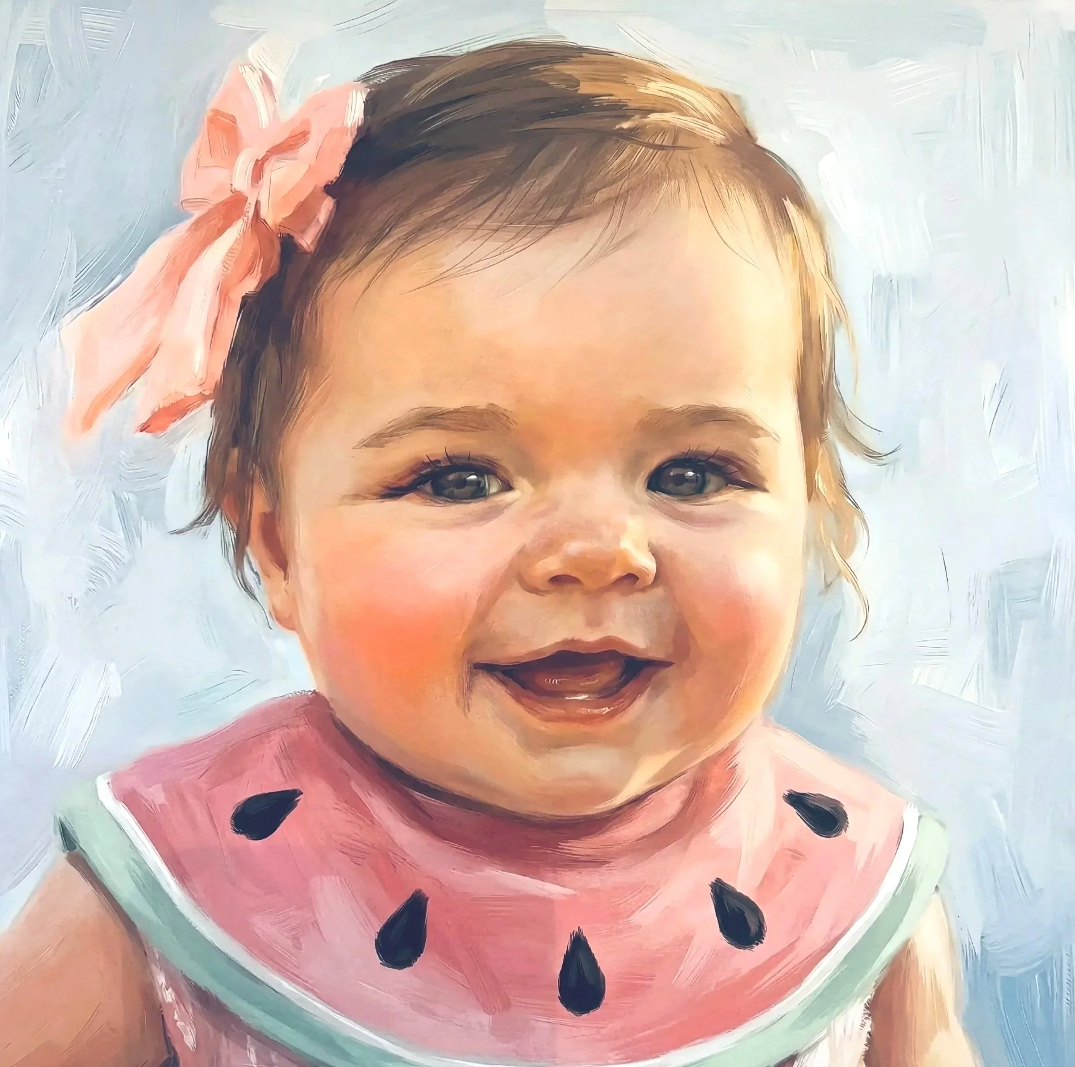 A smiling toddler girl with blue eyes and brown hair wearing a pink watermelon-themed outfit with black seeds and a pink bow in her hair.
