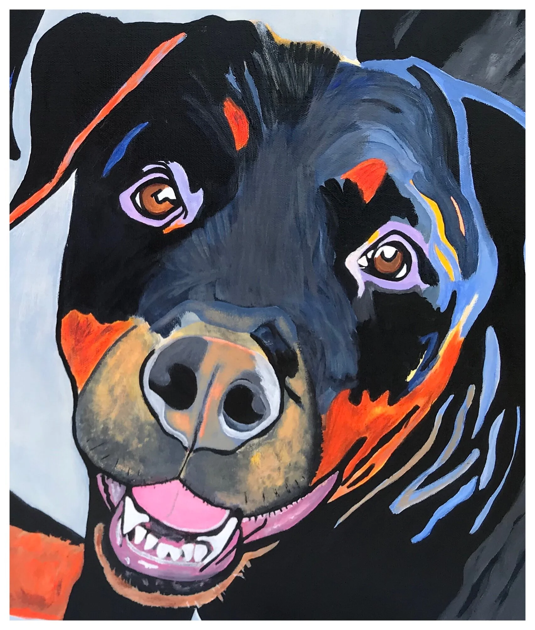 Colorful painting of a Rottweiler dog's face with expressive eyes, open mouth, showing teeth and tongue, using bold black, orange, purple, and yellow strokes.