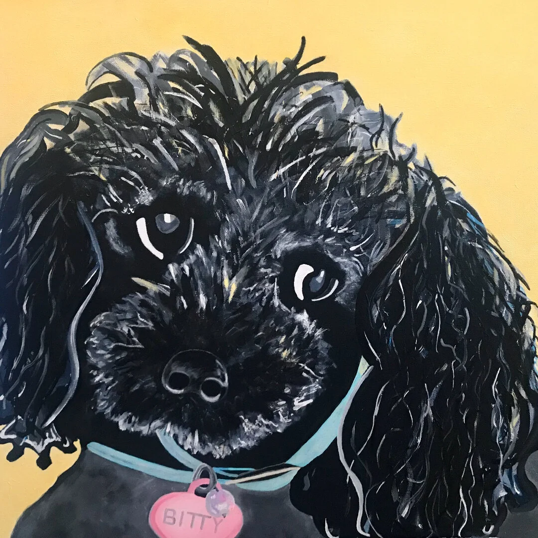 Painting of a black dog with expressive eyes, wearing a collar with a pink tag that says 'BITTY', set against a yellow background.