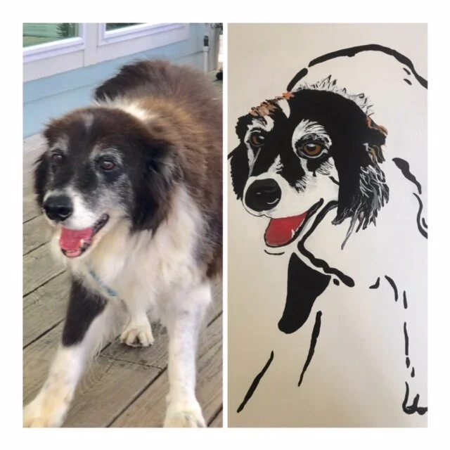 Comparison of a real dog and a drawing of a dog. The real dog is on the left, a fluffy, brown and white dog with a happy expression, standing on a wooden deck near a house. The drawing on the right depicts a similar dog with black, white, and brown f