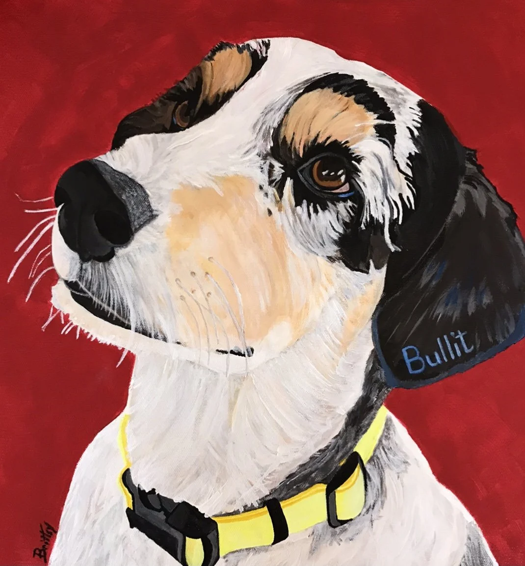 Painting of a dog with a yellow collar and a black collar marked 'Built' against a red background.